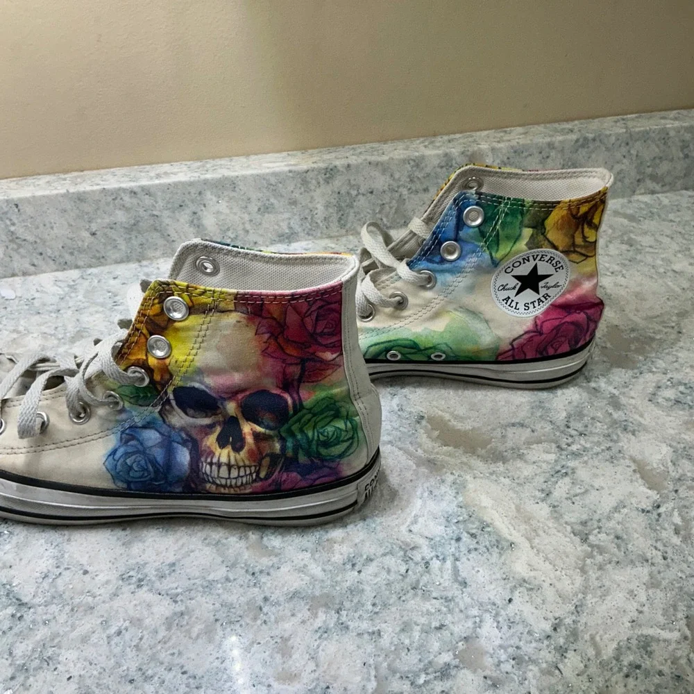 Converse High Top Chuck Taylor All Star W8 M6 Multi Skull Rose Watercolor Shoes